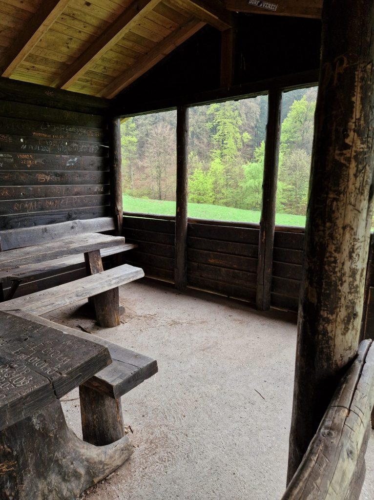 Blick durch eine Holzhütte nach draussen 